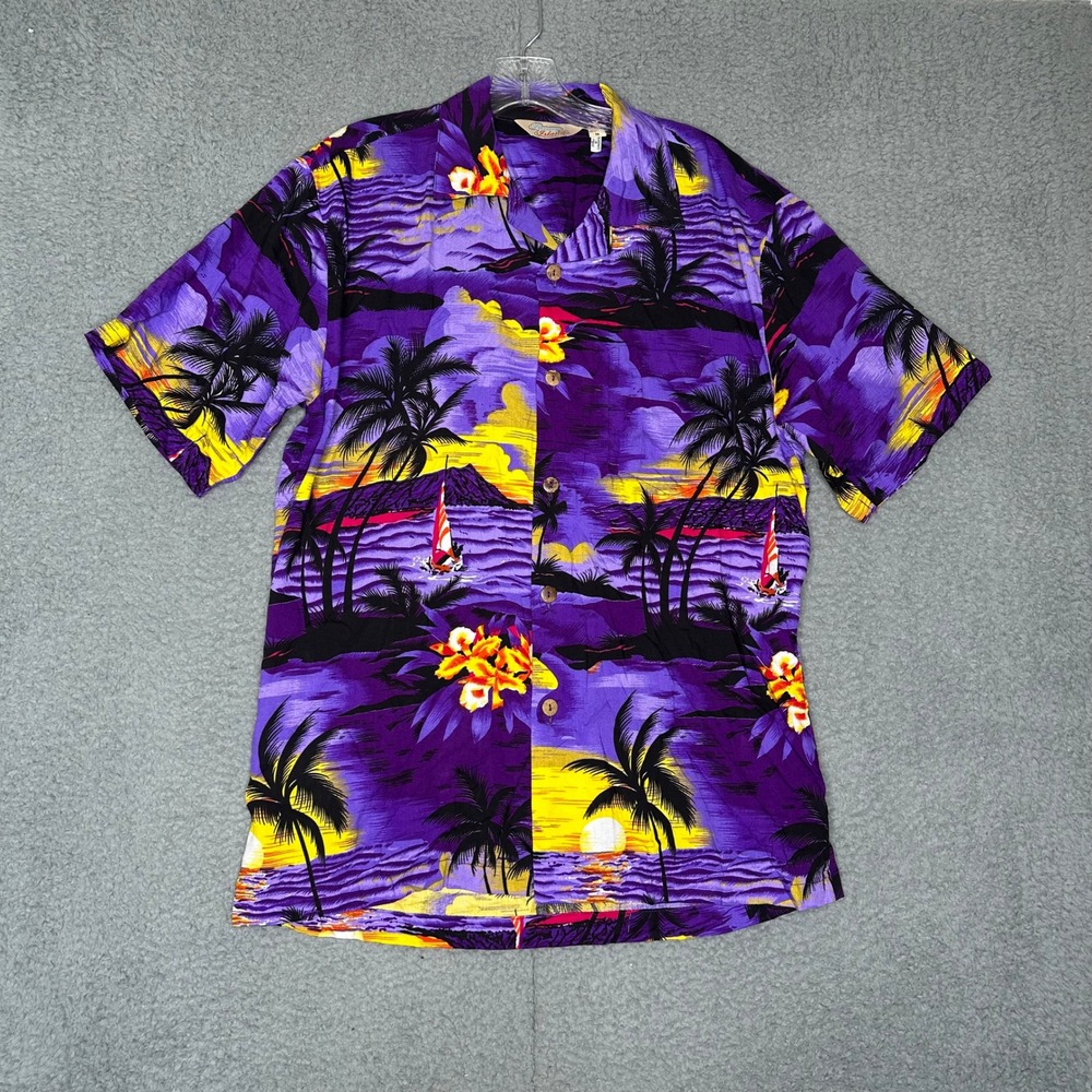 Sunny Island Mens Purple Tropical Sunset Hawaiian Shirt Rayon Short Sleeve Med